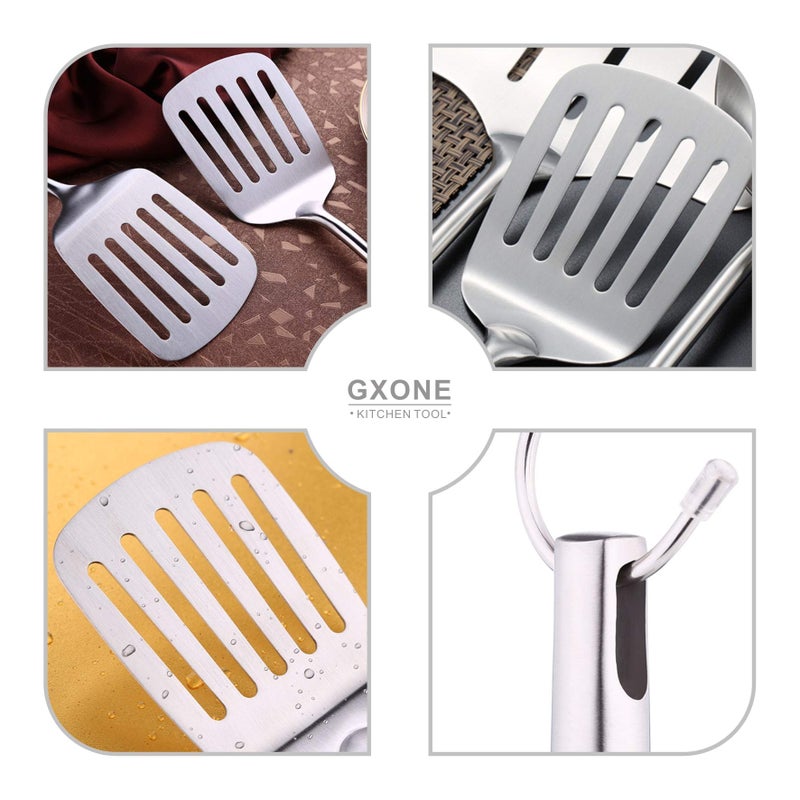 GXONE Stainless Steel Slotted Spatula,Cooking Utensil For Kitchen Use With Hollow Handle,Silver/14.9Inch - Image 4